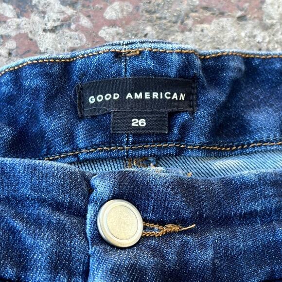 Good American Button Fly Jeans Raw Hem Size 26 Plus Dark Blue Stretch - Picture 2 of 3